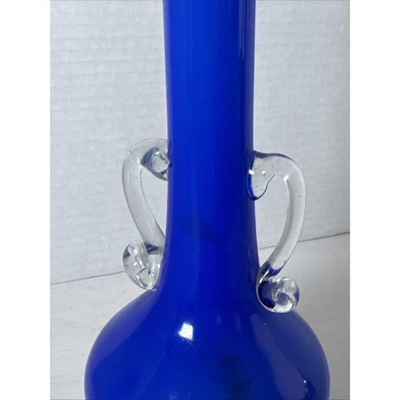 12” Tall 1950’s Handled Blue Glass Bud Vase Clear Handles White Interior - Picture 9 of 9